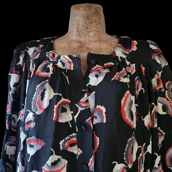 VTG Milly Silk Of New York Black Floral Print Button-Up Tunic Top Size 6 - Picture 3 of 14